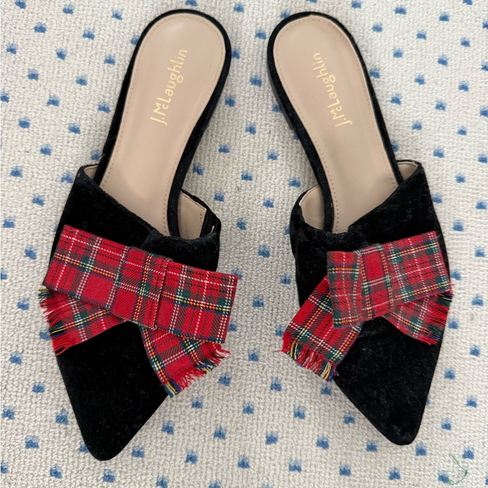 J. McLaughlin Black Mules with Red Plaid Bow
